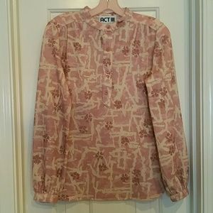 Vintage pink floral polyester long sleeve blouse